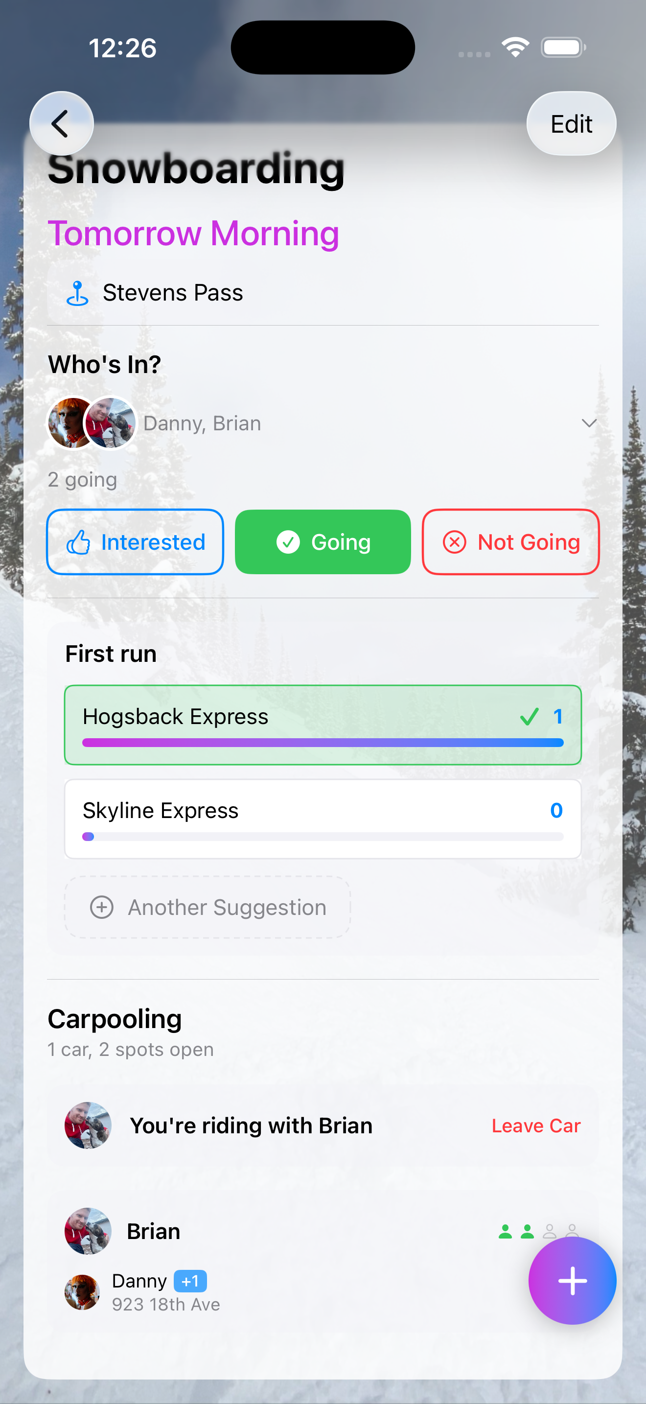 Snowboarding hangout with carpooling and polls