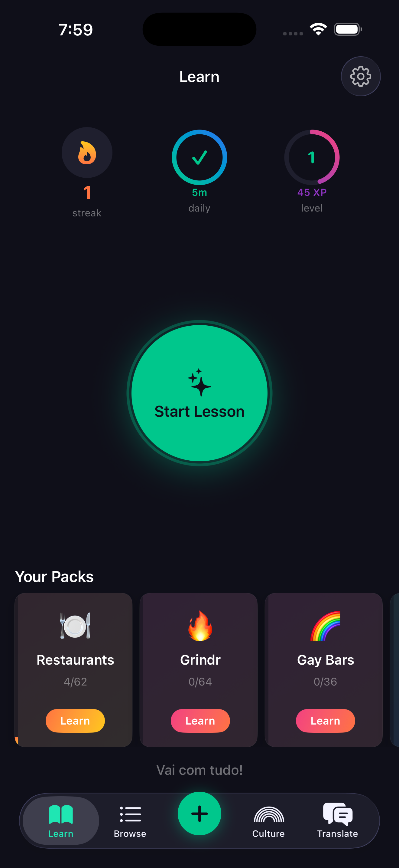 Track your streak, level up, and start lessons